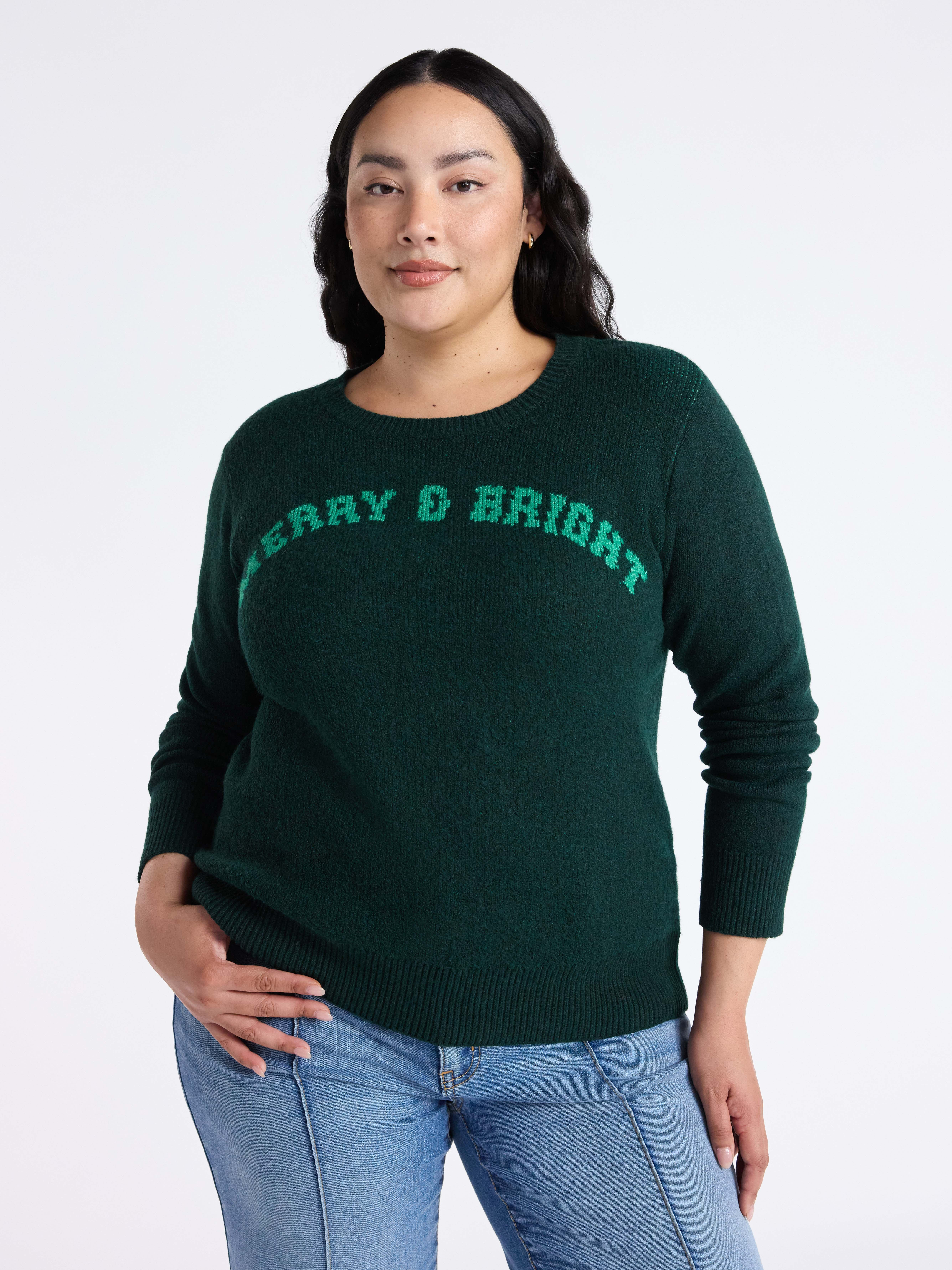 Time and Tru Women's and Women's Plus Holiday Talking Sweater with Long Sleeves, Midweight, Sizes... | Walmart (US)