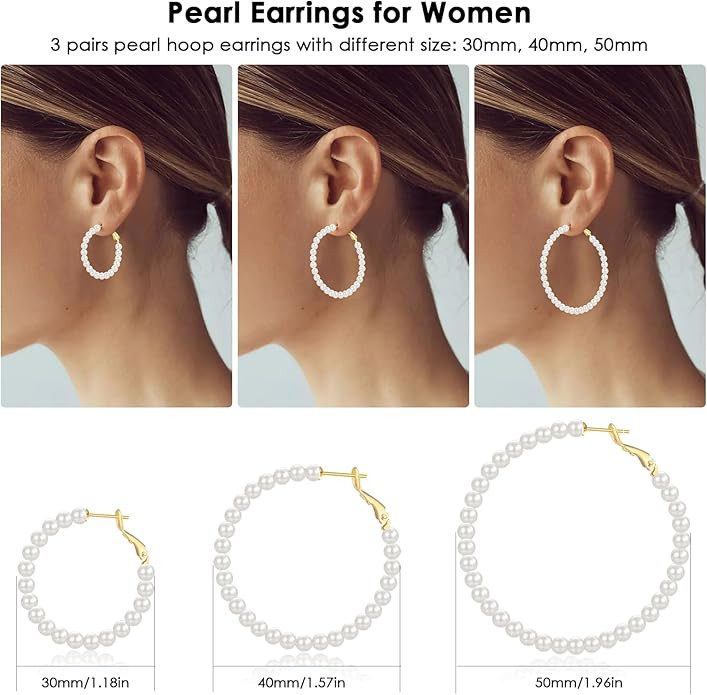CERSLIMO Pearl Hoop Earrings for Women - 3 Pairs 14K Gold Plated & Sterling Silver Post Big Large... | Amazon (US)