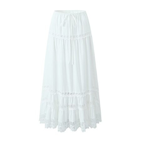 Floral Embroidery Lace Patchwork White Long Skirt Women Vintage Elastic High Waist A-line Holiday Summer Skirts Cotton | Walmart (US)
