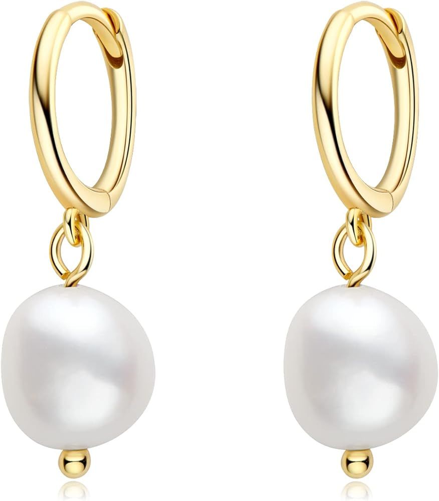 Pearl Hoop Earrings for Women,Freshwater White Pearl 14k Gold Plated Sterling Silver Wedding Earr... | Amazon (US)