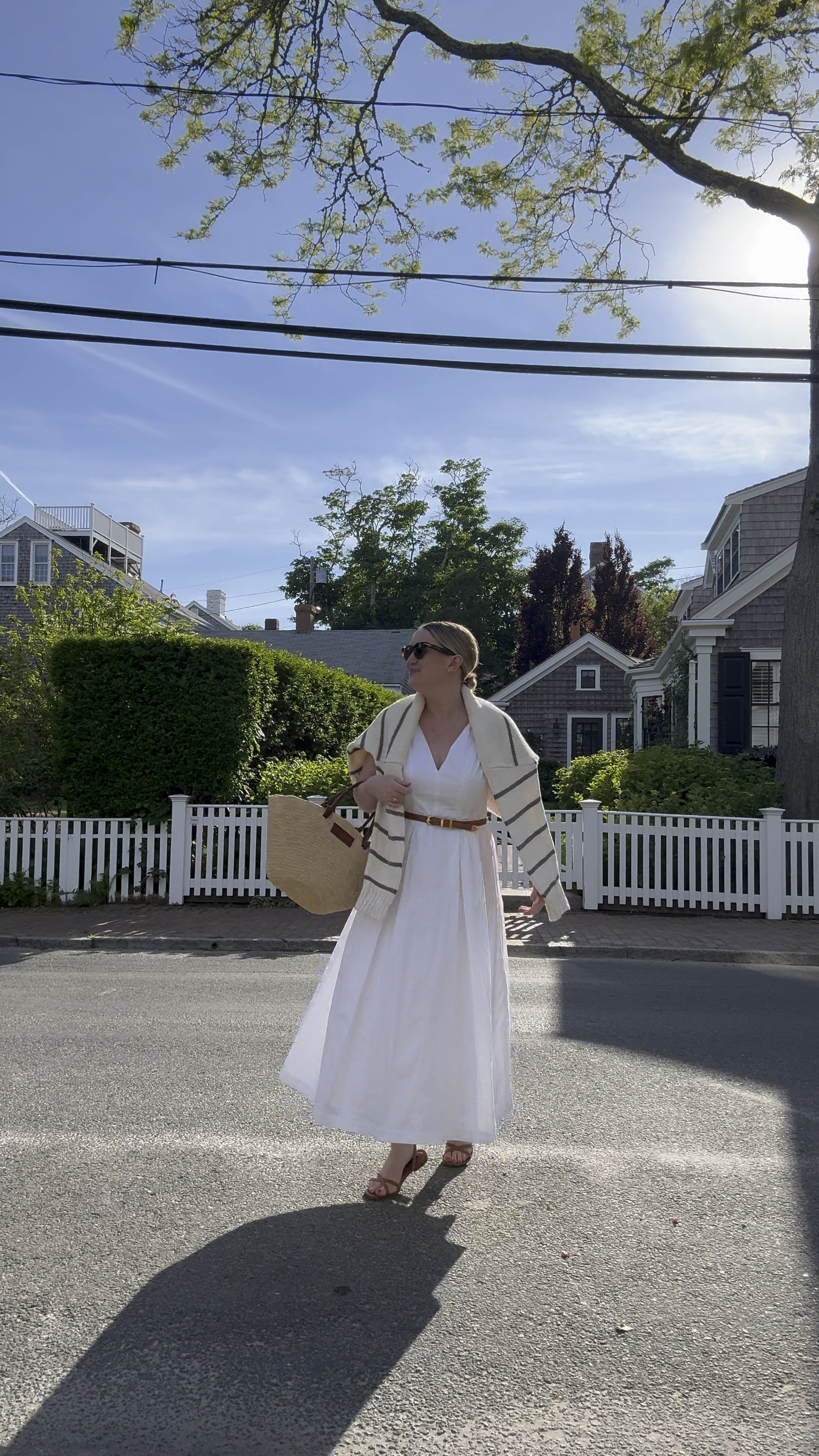 White midi dress from hill house (sized up to a L)
Sézane market tote basket bag
Celine belt
Jenni kayne striped sweater - code MEGHANDONO15 for 15% off
Margaux sandals
Nantucket outfit
Vacation outfit 
Summer style 

#LTKSeasonal