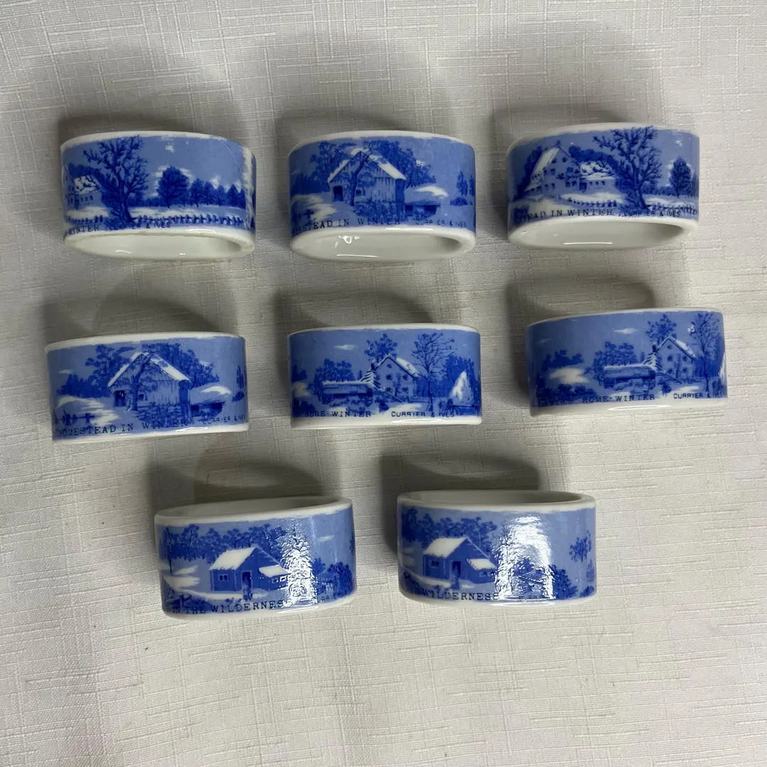 Vintage Currier and Ives Porcelain Blue and White Napkin Rings Set of 8, Farm, Homestead in Winte... | Etsy (US)