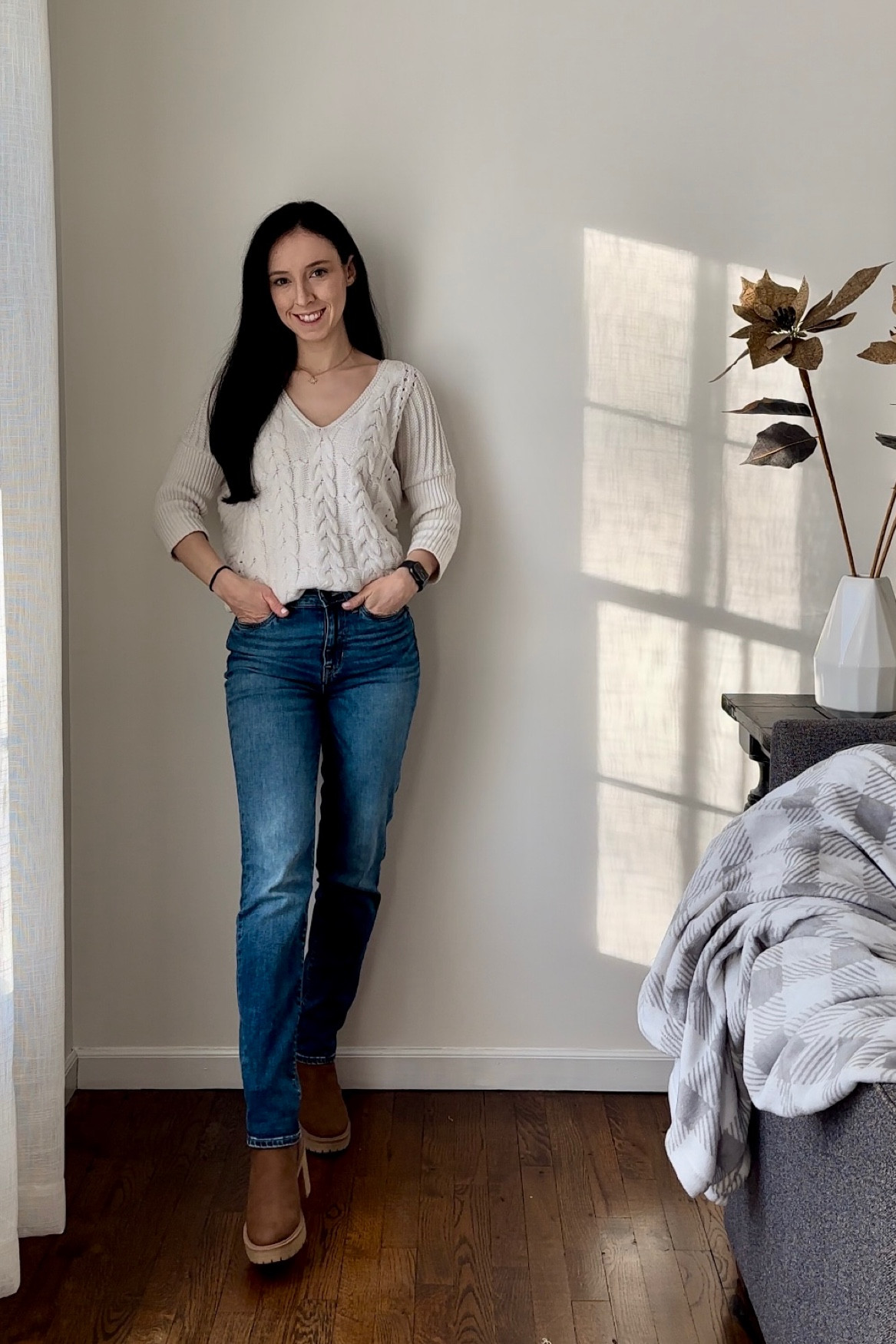 White sweater size S
Jeans size 25
Boots size 6.5


Causal Friday outfit, jeans outfit, winter outfit, work outfit, basic outfit, easy outfit 

#LTKSeasonal #LTKfindsunder100 #LTKworkwear