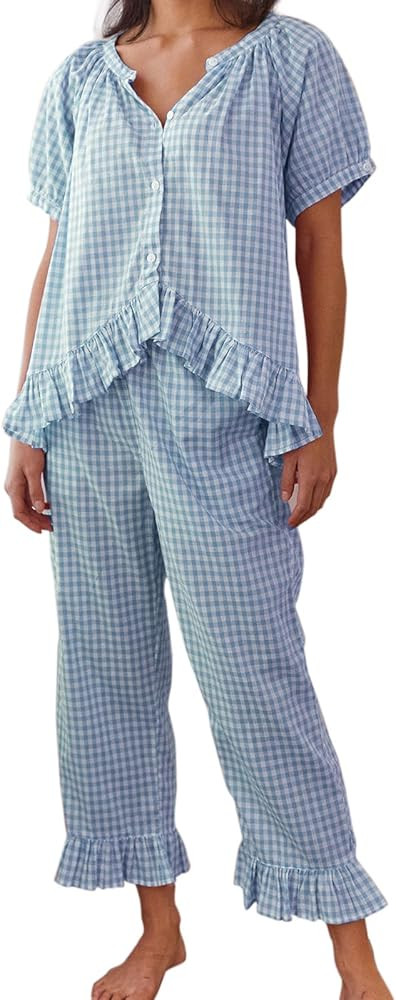 Argeousgor Women Plaid Pajama Sets 2 Piece Outfits Short Sleeve Button Down Shirt Ruffle Pants Pj... | Amazon (US)