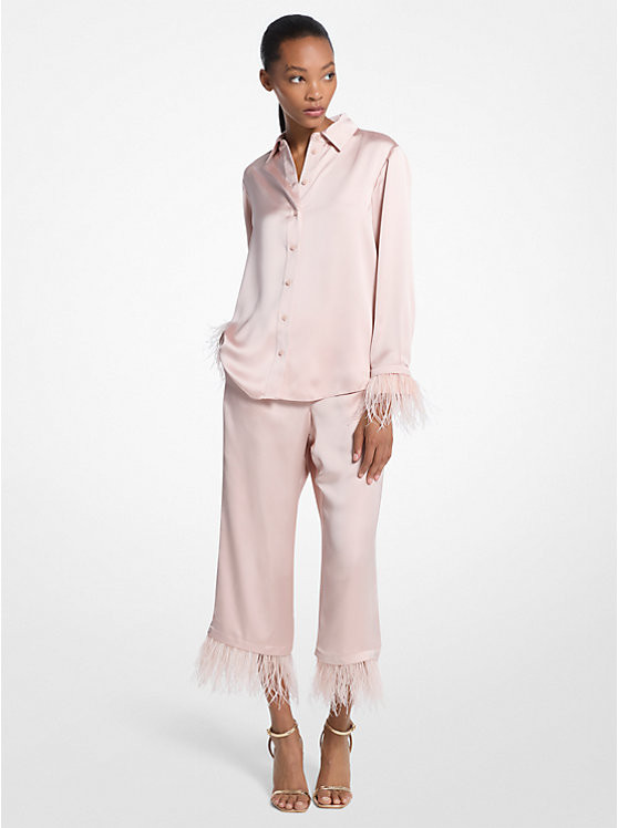 Feather Trim Satin Pajama Pants | Michael Kors US