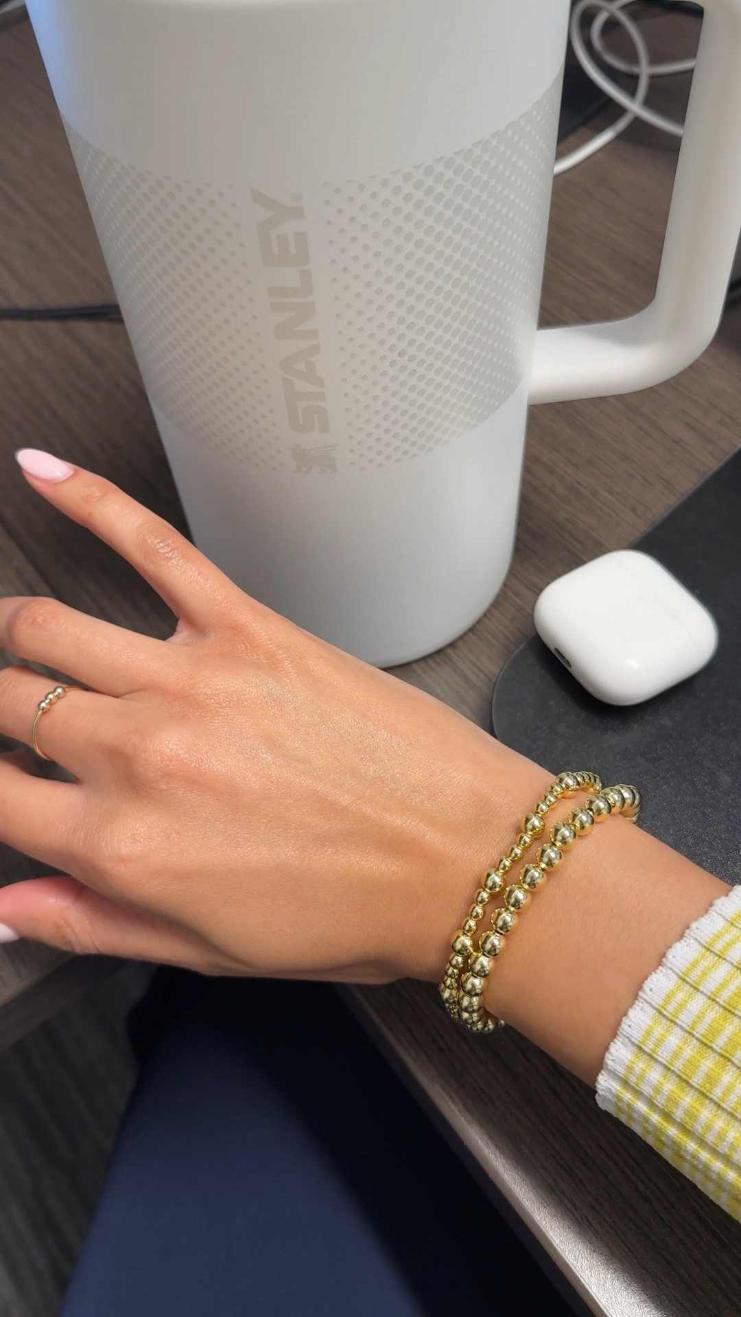 Always getting questions in the office about this Amazon stackable bracelet set! Came in a set of 5, they remind me of the popular BaubleBar Pisa bracelets 😍 

Amazon finds, gold bracelet, classic, beaded bracelet, classy, gold plated, affordable 