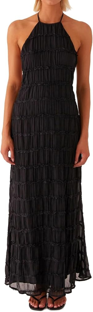 Women Backless Dress Sleeveless Textured Halter Open Back Maxi Dresses Vacation Wedding Guest | Amazon (US)