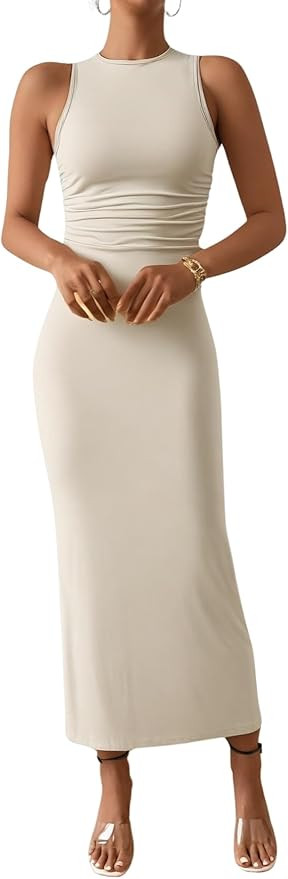 Verdusa Women's Crewneck Sleeveless High Waist Rib Knit Tank Long Bodycon Dress Beige Small | Amazon (US)