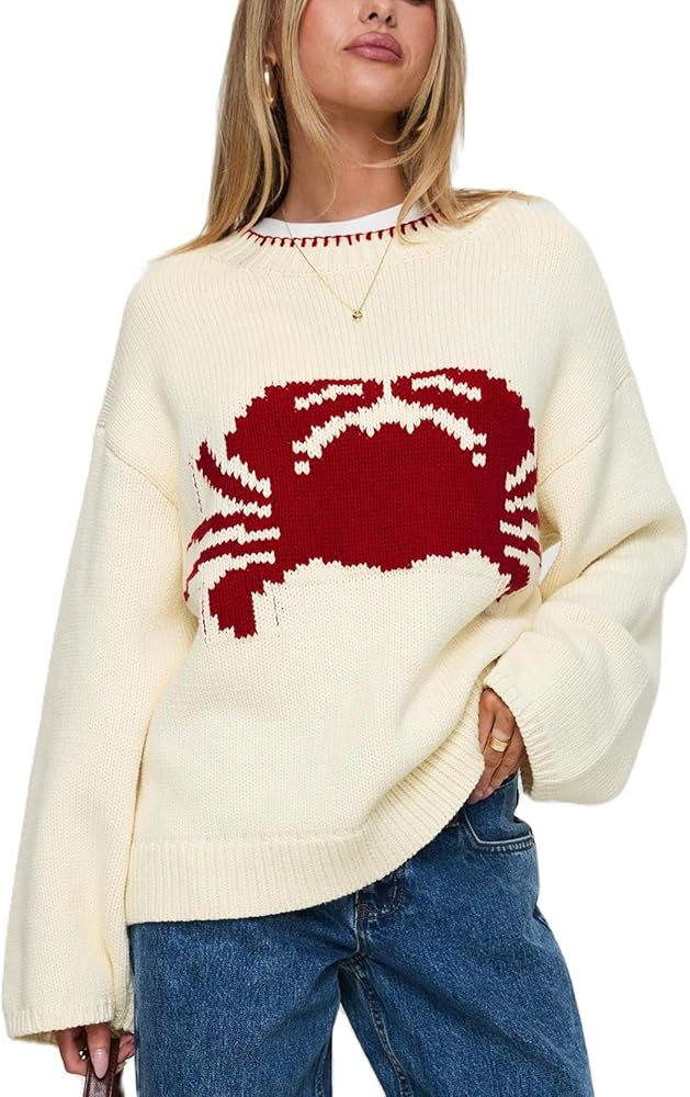 Women Y2K Graphic Sweater top Cute Print Long Sleeve Knit Pullover Preppy Fall Winter Aesthetic S... | Amazon (US)