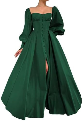 Satin Long Prom Dresses for Women Princess Long Ball Gown Backless Long Puffy Sleeve Evening Gowns with Slit Emerald Green | Amazon (US)