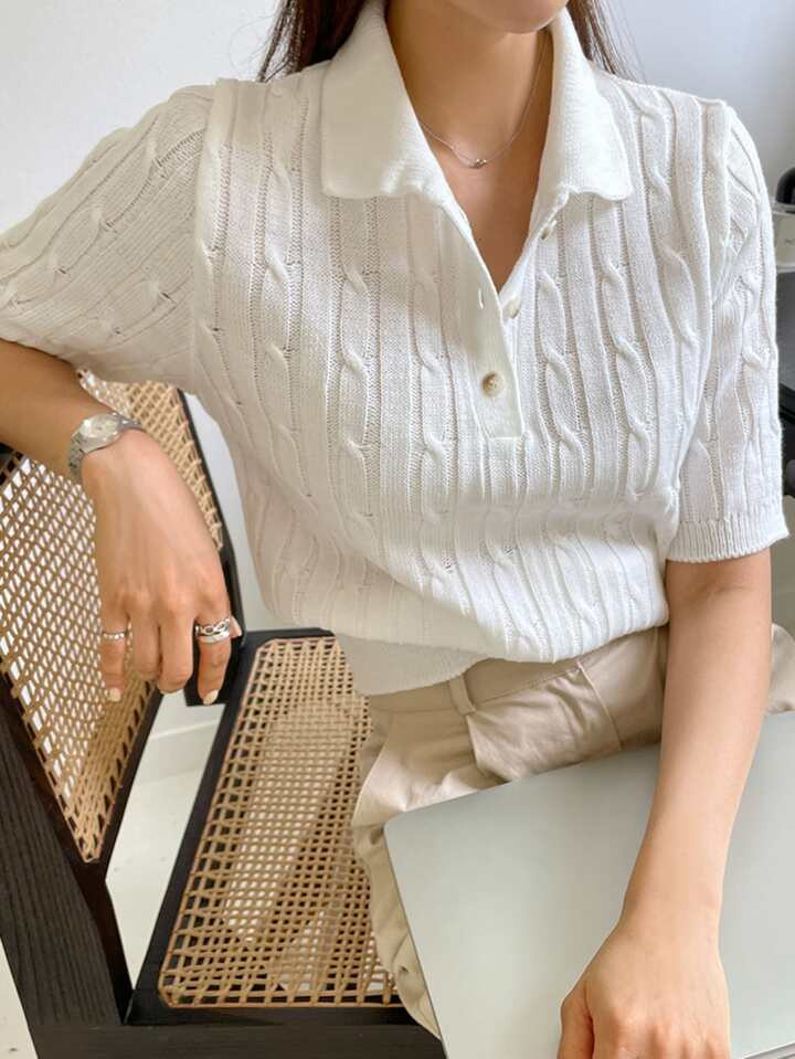DAZY Polo Neck Cable Knit Top | SHEIN