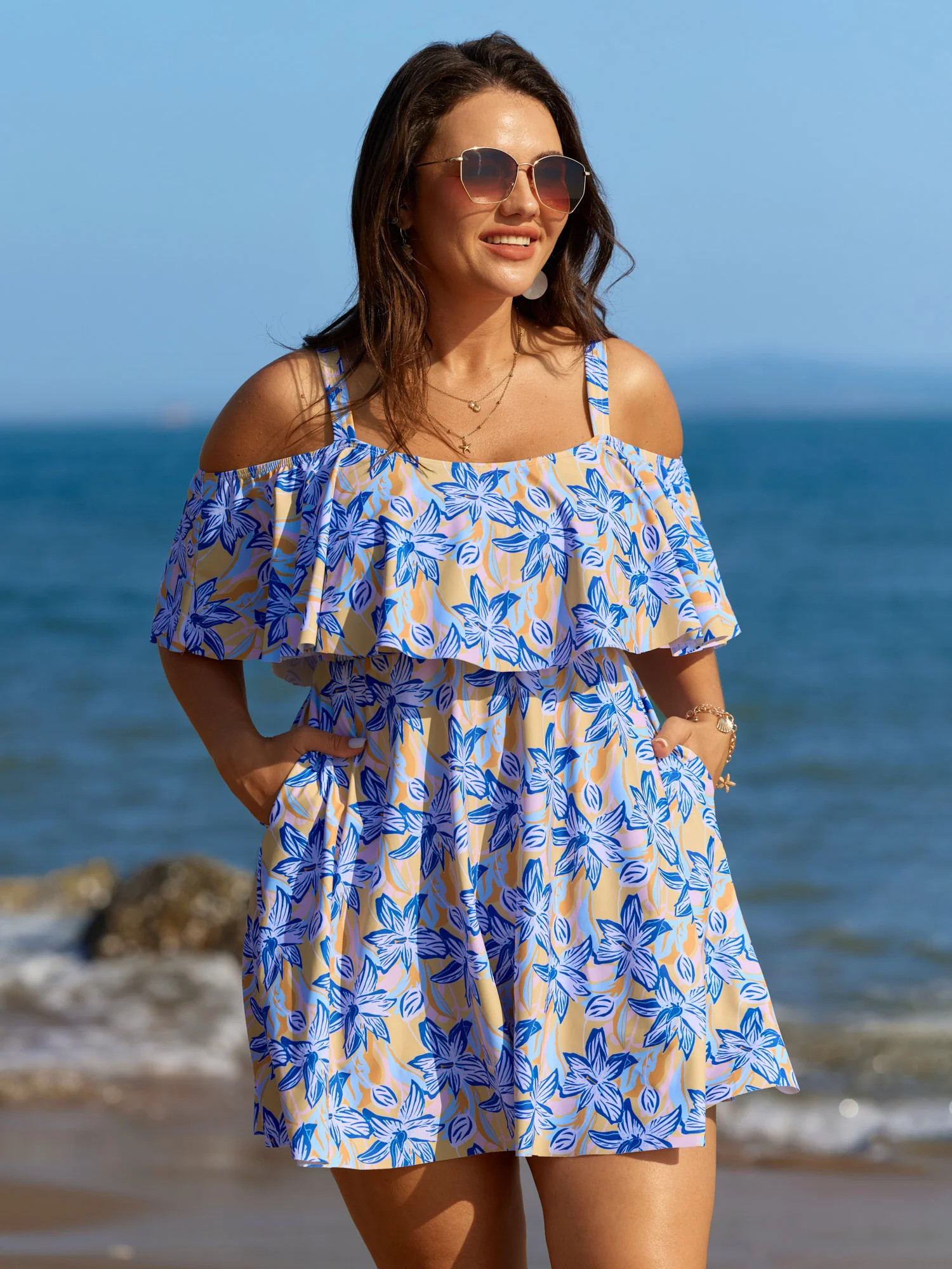 Floral Ruffle Trim Off Shoulder Pockets Swim Dress | Bloomchic