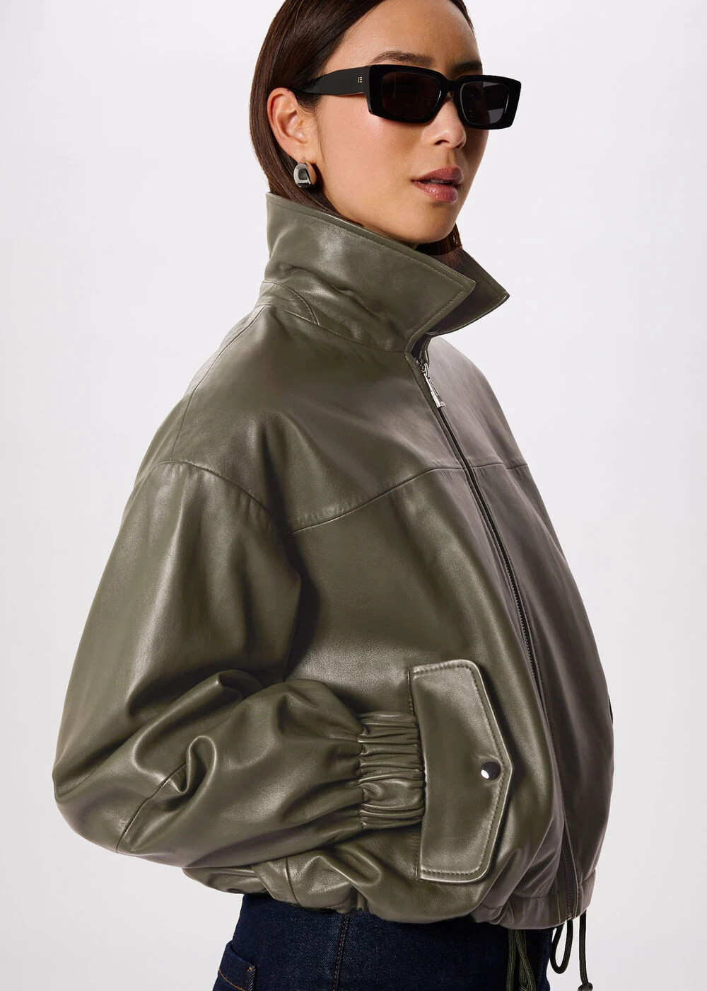 Khaki Frida Leather Bomber Jacket | WHISTLES | Whistles UK | | Whistles