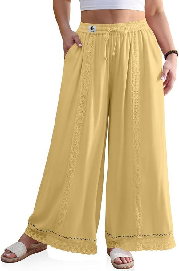 TARSE Womens Linen Wide Leg Pants Loose Boho Lounge Beach Vacation Flowy Lace Summer Pants with P... | Amazon (US)