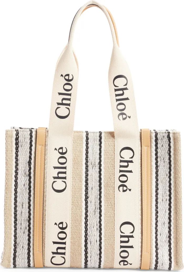 Chloé Medium Woody Logo Strap Stripe Linen Tote | Nordstrom | Nordstrom