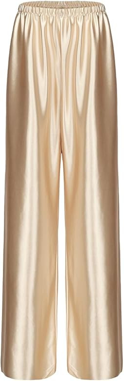 Women Satin Wide Leg Dress Pants Silk Casual Dressy Long Flowy Pants Elastic High Waisted Trouser... | Amazon (US)