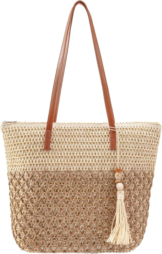 Straw Tote Bag for Women: Handwoven Beach Purse with Cutout Design for Travel & Pool Day | Amazon (US)
