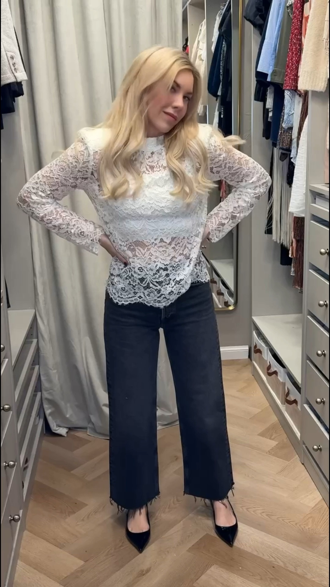 Lace top
Black jeans 
Wide leg cropped jeans 
Kitten heel 
Spring Outfit 

#LTKSeasonal #LTKgrwm #LTKootd