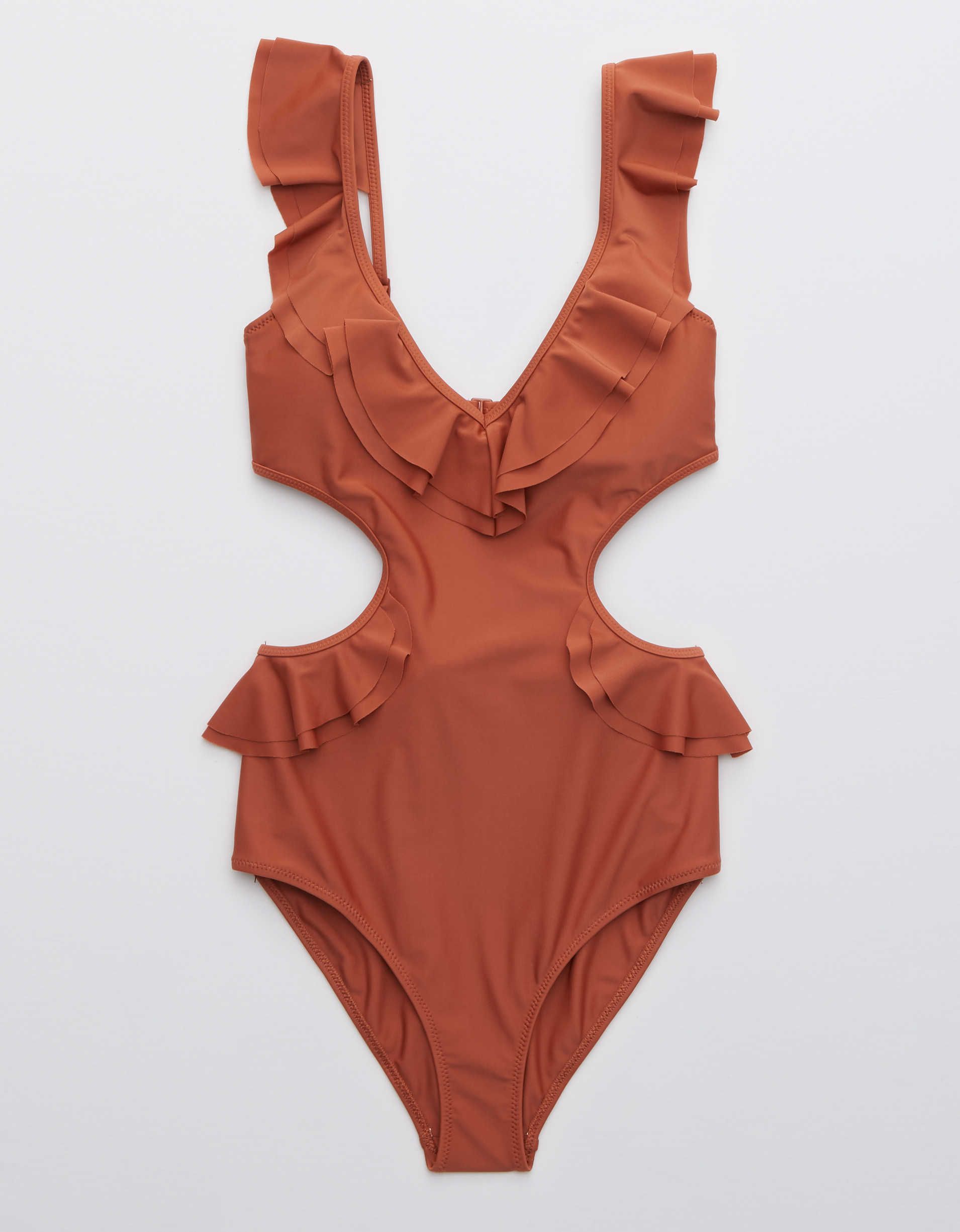 Aerie Ruffle Cut Out One Piece Swimsuit | American Eagle Outfitters (US & CA)