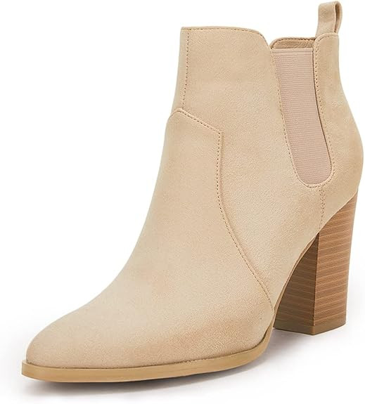 Amazon.com: Omysky Womens Pointed Toe Ankle Boots Slip on Chunky Block Mid Heel Chelsea Booties W... | Amazon (US)