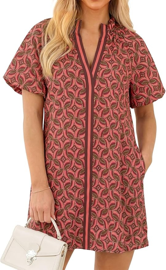 Wenrine Womens Summer Dresses Casual Floral Puff Sleeve V Neck Boho Loose Beach Mini Dress with P... | Amazon (US)