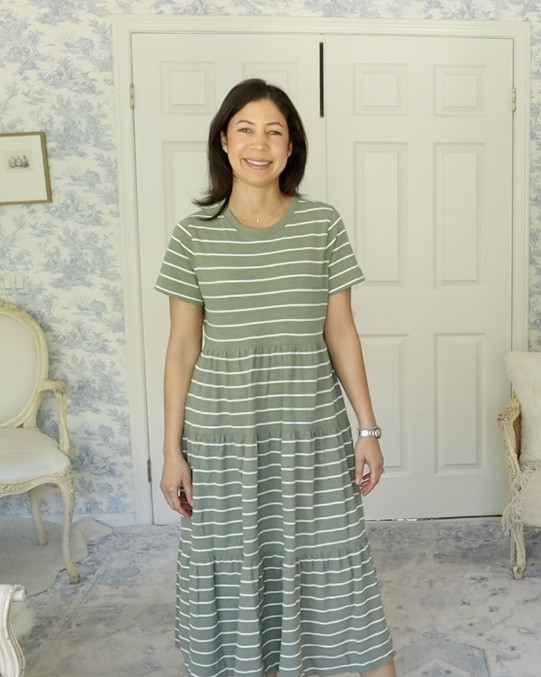 One of my first spring purchases was this ultra-comfy Marine Layer Luxe Sueded Midi Dress in the green stripe. The fabric is so soft and slightly thicker than a classic tee, cozy for now, but perfect to transition into warmer days.

I paired it with my Thursday Boots ballet flats for an easy, polished look. Later in the season, I’ll switch to simple sandals. I love how versatile this piece is: perfect for home, errands, or a casual lunch while still feeling chic.

This fits beautifully into my ten-item wardrobe: comfortable, effortless, versatile. I'll start to share my spring wardrobe picks in the coming weeks so stay tuned.

What are your wardrobe words this spring? 🌿

#OOTD #TenItemWardrobe #SpringStyle #EverydayChic  #EffortlessStyle #ClassicWithATwist

#LTKOver40 #LTKootd #LTKdayinmylife