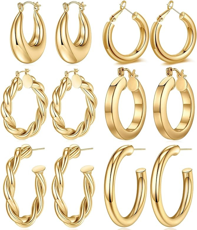 925 Sterling Silver Post 14K Real Gold Plated Chunky Hoop Earrings Set for Women, Hypoallergenic ... | Amazon (US)