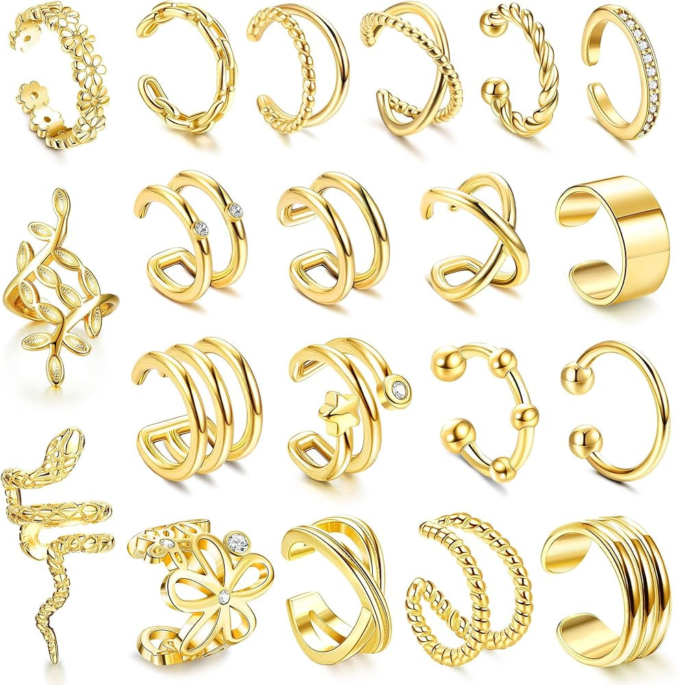 JeryWe 20Pcs Single Ear Cuffs Earrings For Women Non Piercing Ear Cuff Gold Flower Cz Helix Carti... | Amazon (US)