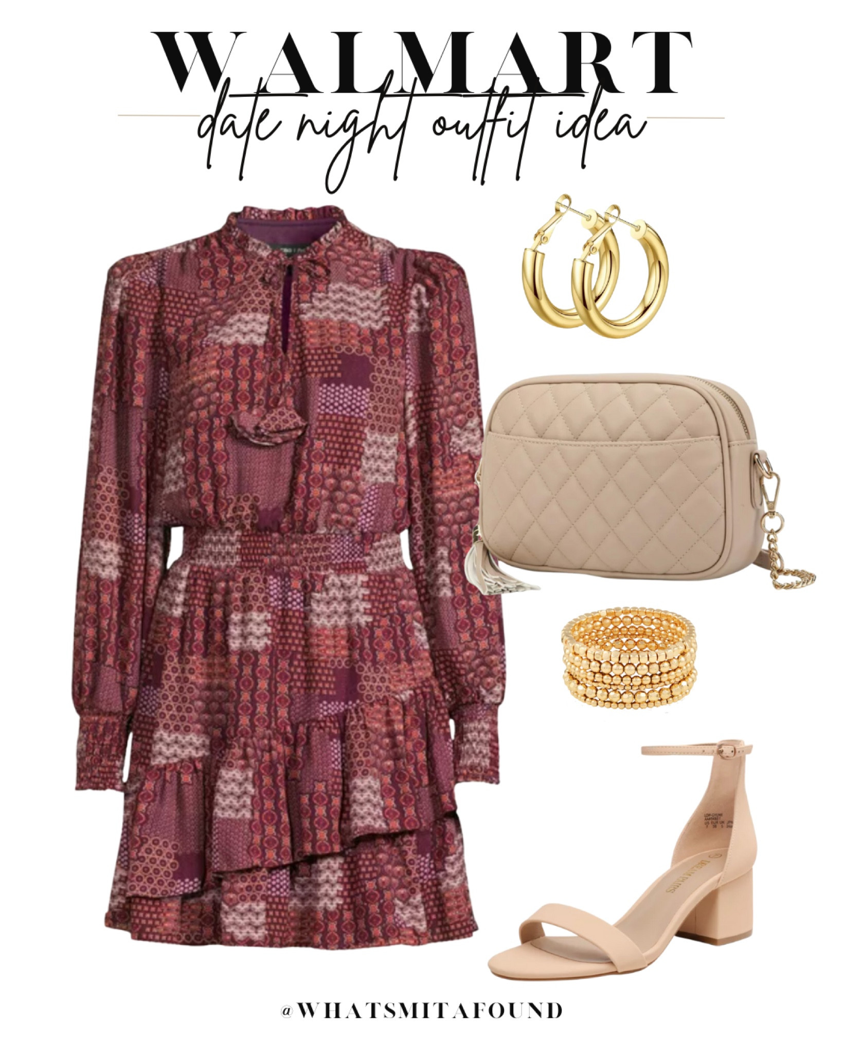 Walmart outfit idea, date night outfit idea, fall date night outfit idea, fall dress, date night dress, long sleeve dress, burgundy dress,  ruched waist dress, trendy dress, asymmetrical hem dress, nude heels, block heels, simple heels, beige purse, quilted purse, nude purse, crossbody purse, gold bracelet set, gold hoops 

#LTKshoecrush #LTKSeasonal #LTKunder50