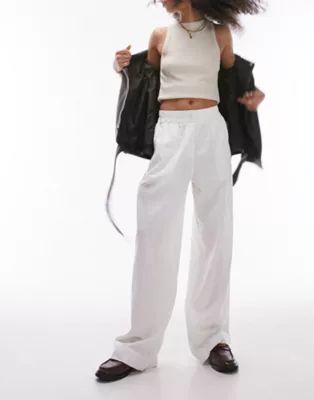 Topshop linen high waist pull on straight leg trouser in white | ASOS (Global)