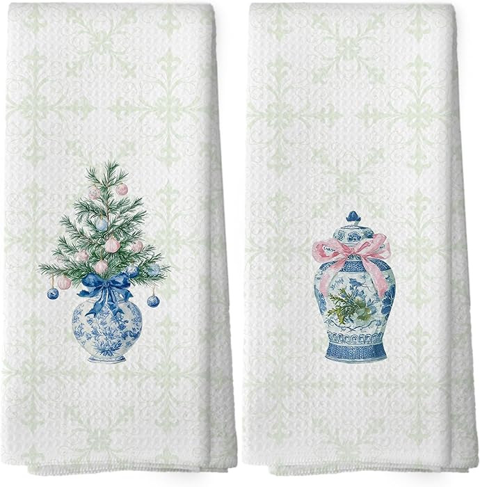 Chinoiserie Christmas Kitchen Towels - Christmas Tree Dish Towels, Grandmillenial Bow Xmas Tree D... | Amazon (US)