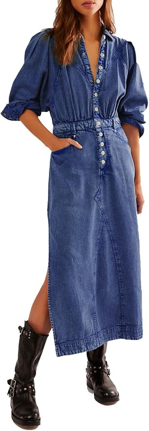 Womens Denim Long Shirt Dress Casual Button Down Jean Dress Collar A-Line Flowy Midi Dress with P... | Amazon (US)