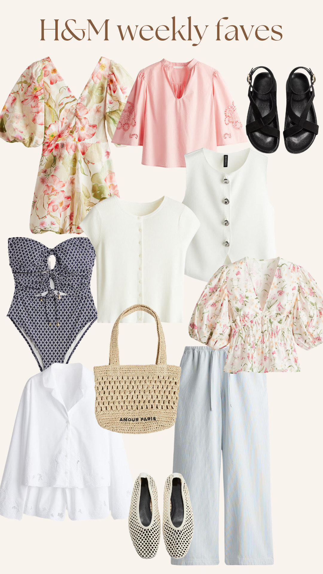 H&M Weekly Favourites, Swimsuit, Puffy Dress, Short Sleeve Cardigan, Denim Trousers, Jersey Waistcoat, Tote Bag, Sandals, Ballet Pumps, Spring Outfit 

 #LTKAprilSpotlight #LTKuk #LTKspring