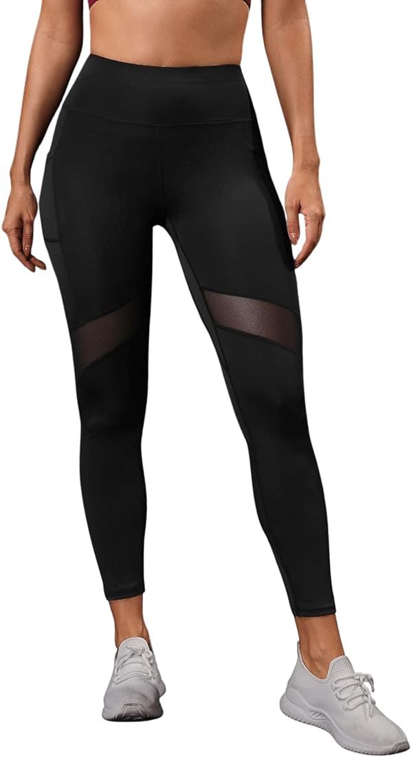 SweatyRocks Women's Stretchy Skinny Sheer Mesh Insert Workout Leggings Yoga Tights | Amazon (US)