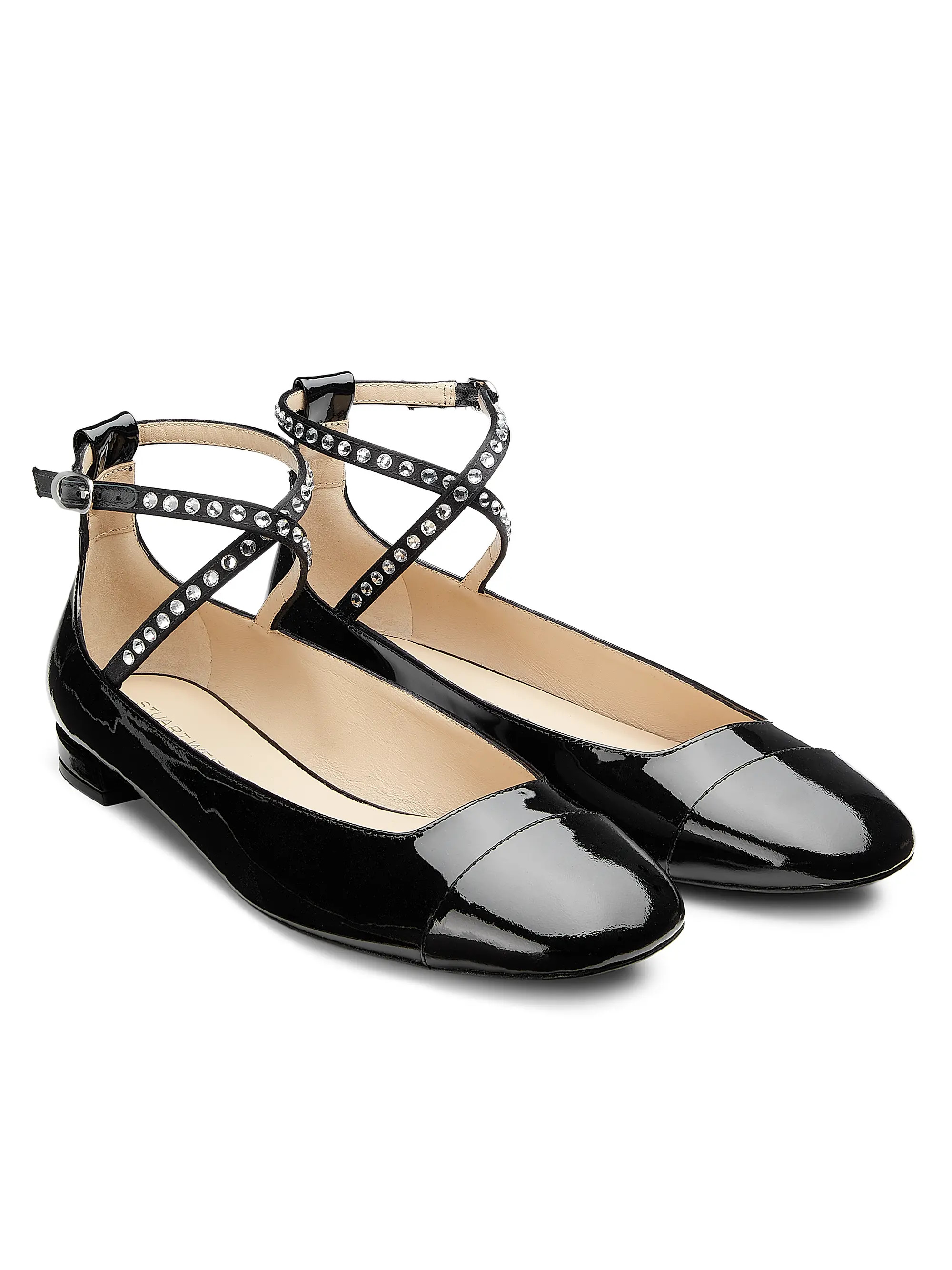 Shop Stuart Weitzman Eden Crystal-Embellished Leather Ankle-Wrap Flats | Saks Fifth Avenue | Saks Fifth Avenue