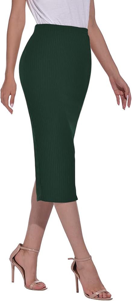 HWOKEFEIYU Women's Basic Plain Stretchy Office Ribbed Knit Split Full Length Skirt | Amazon (US)
