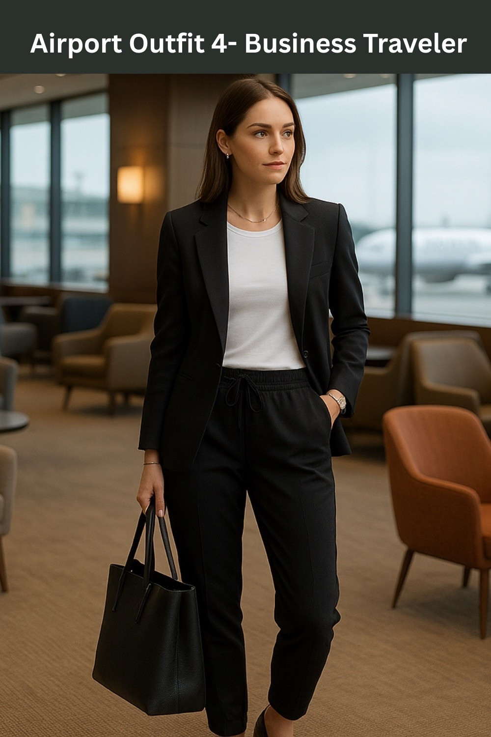 Sleek and professional, this airport outfit is perfect for the business traveler. A tailored black blazer and jogger-style trousers pair effortlessly with a crisp white tee for comfort that still looks boardroom-ready. Add a structured tote to keep essentials organized while on the go. #businesscasual #airportstyle #worktravel

#LTKTravel