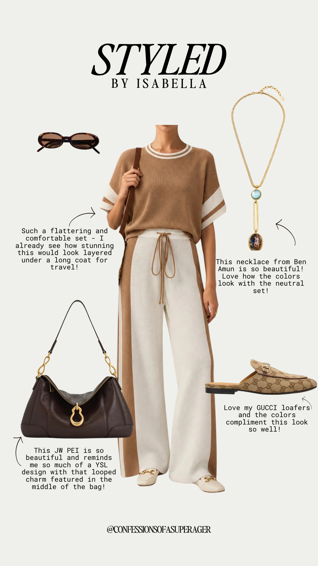 Neutral perfection for every season 🤎✨ This chic brown and cream outfit combines a comfortable knit set with polished Gucci loafers, a statement handbag, tortoise sunglasses, and a gorgeous pendant necklace. Effortless, elevated, and perfect for travel, lunch dates, or everyday style—tap to shop the complete look! #NeutralStyle #BrownOutfit #ClassicStyle #TravelStyle #ComfortableChic #QuietLuxuryStyle #GucciLoafers #Over50Fashion #FashionOver50 #AgelessStyle #LTKStyle #LTKFashion #LTKFinds #ConfessionsOfASuperAger 

 #LTKootd #LTKSeasonal #LTKSaleAlert