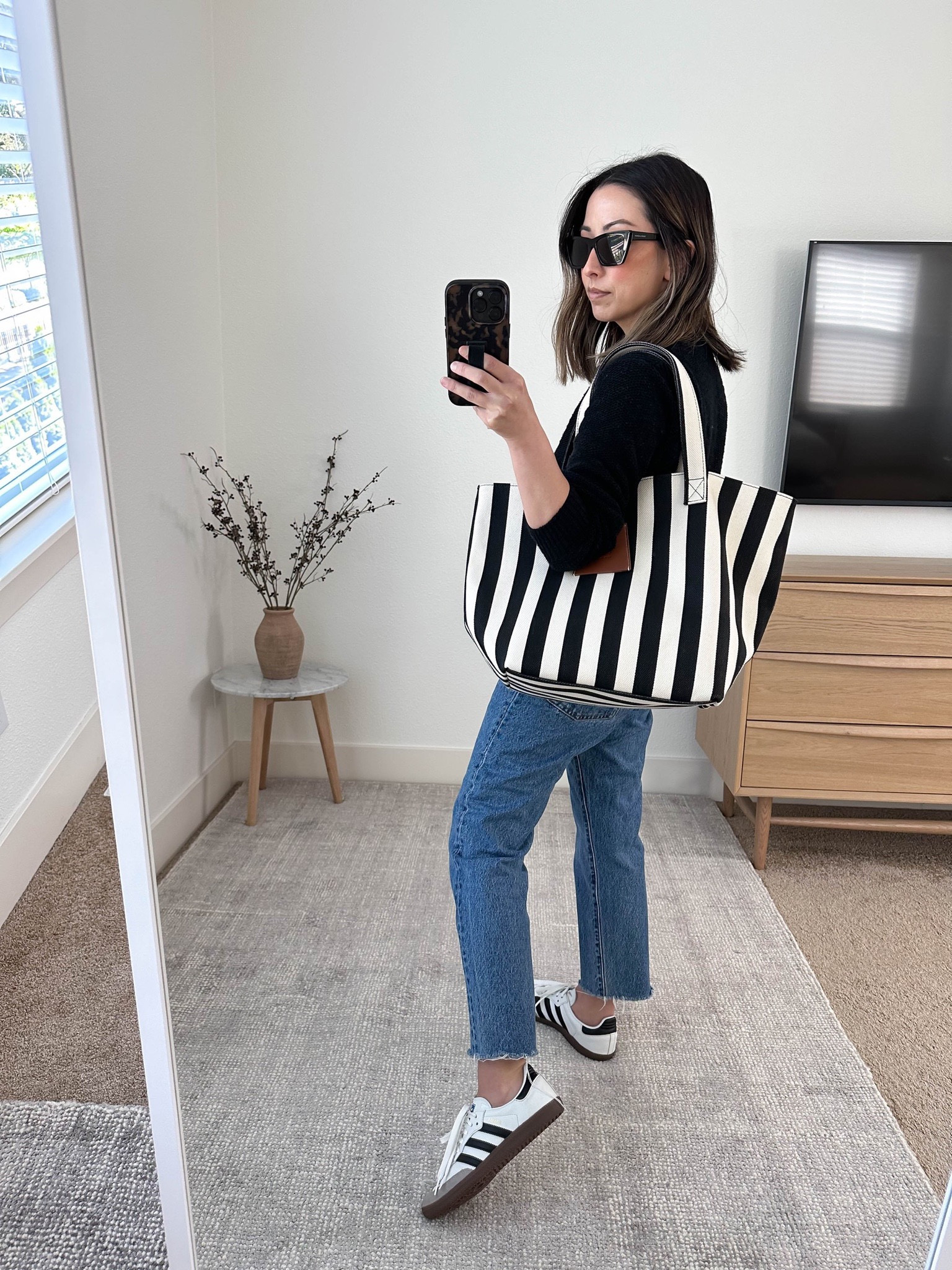 Black and white striped tote online bag