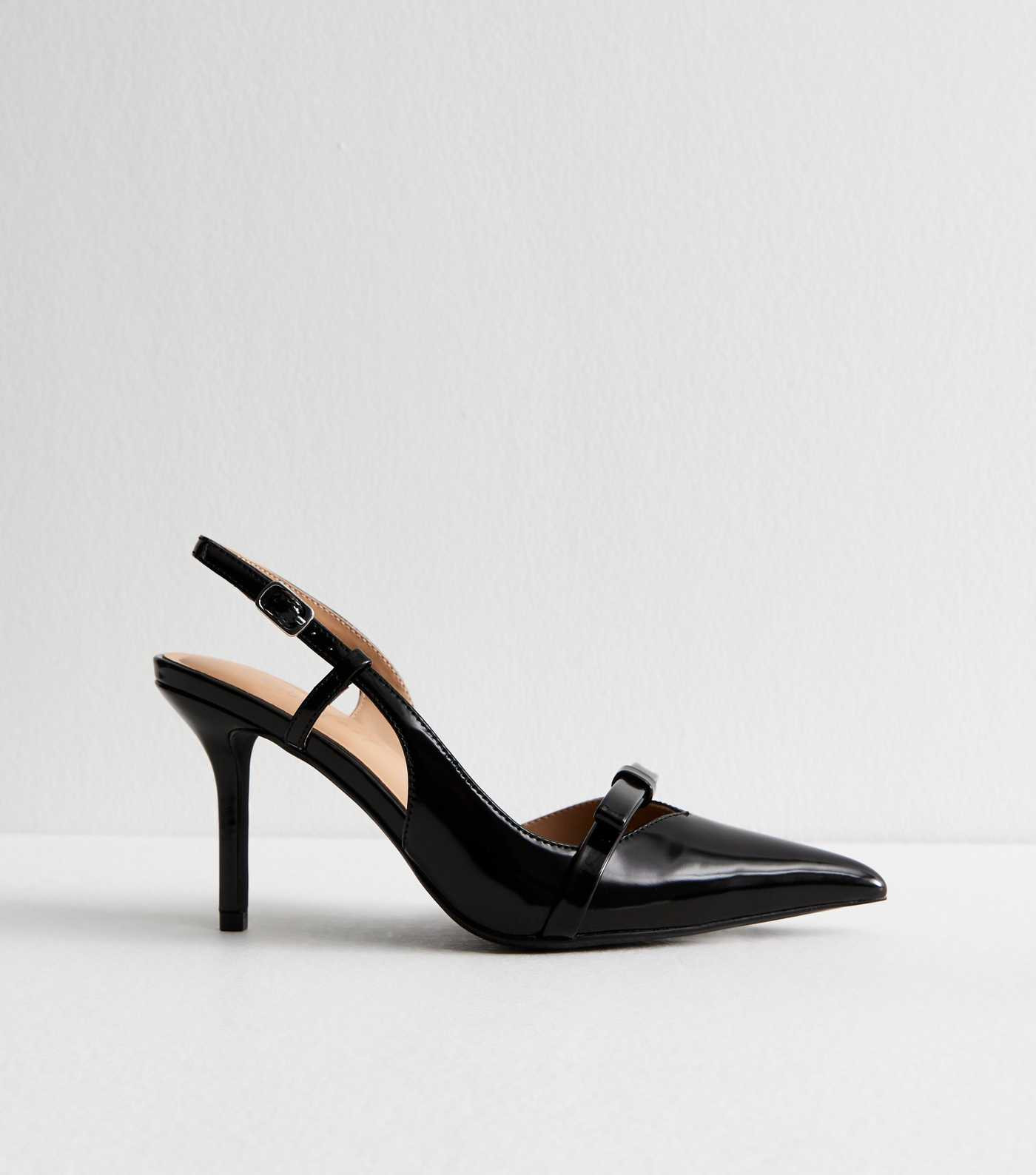 Black Faux Patent Bow Appliqued Slingback Court Shoes | New Look | New Look (UK)
