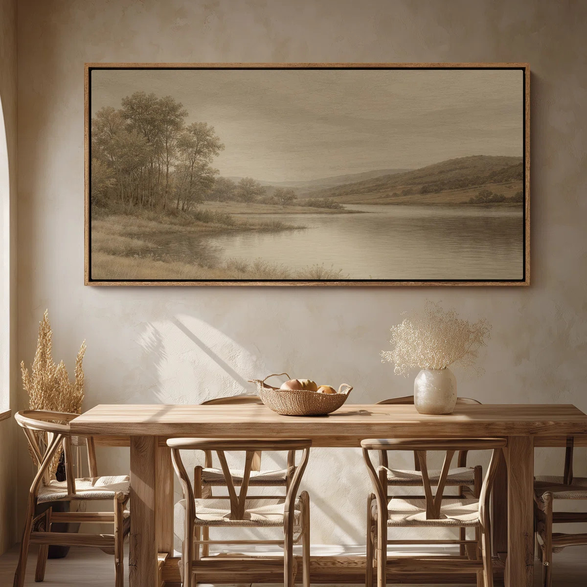 Framed Canvas Wall Art - Tranquil River Landscape with Trees and Rolling Hills in Warm Neutrals -... | Wayfair North America