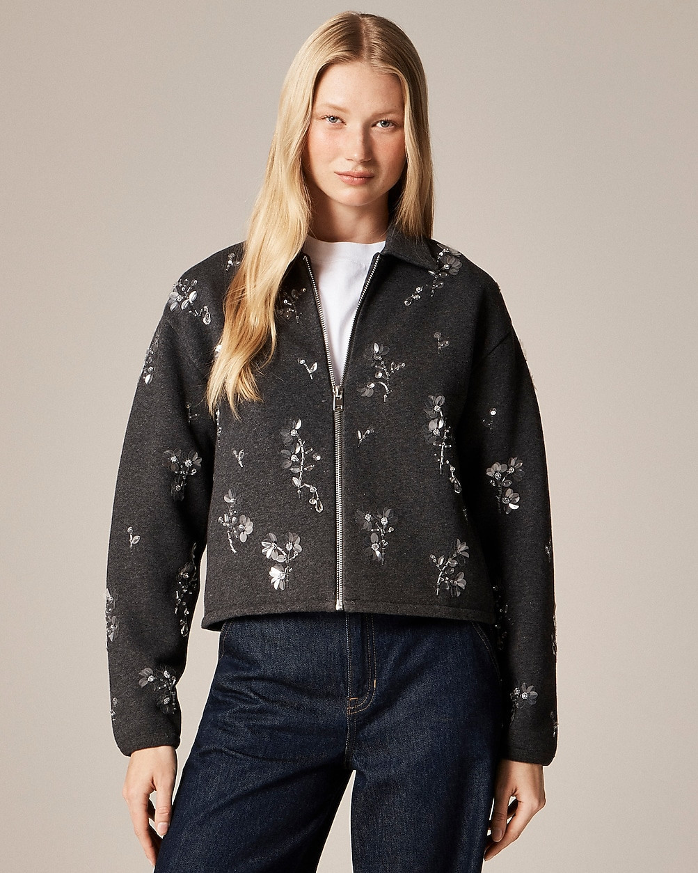 Embellished bomber jacket in heritage fleece | J. Crew US