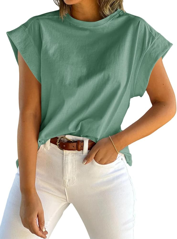 Tankaneo Womens Summer Cap Sleeve Tank Top Crew Neck Solid Casual Loose Fit Basic Tee Shirt | Amazon (US)