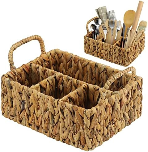 Wicker Flatware Storage Basket Utensil Caddy Hand Woven Divided Cutlery Holder Kitchen Utensil Or... | Amazon (US)