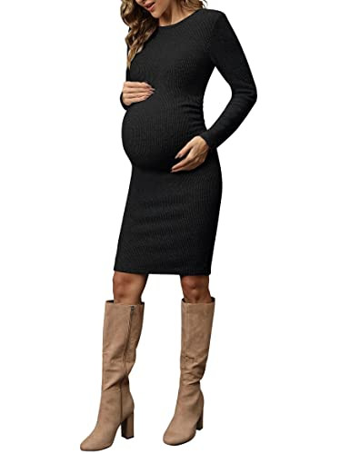 abkylie Maternity Dress Fall Maternity Dress Maternity Sweater Dress Maternity Dress Winter Long Sleeve Maternity Dress Black Maternity Dress Maternity Dresses (Black XL) | Amazon (US)