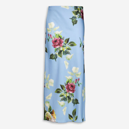 Blue Satin Pixelated Roses Midi Skirt | TK Maxx