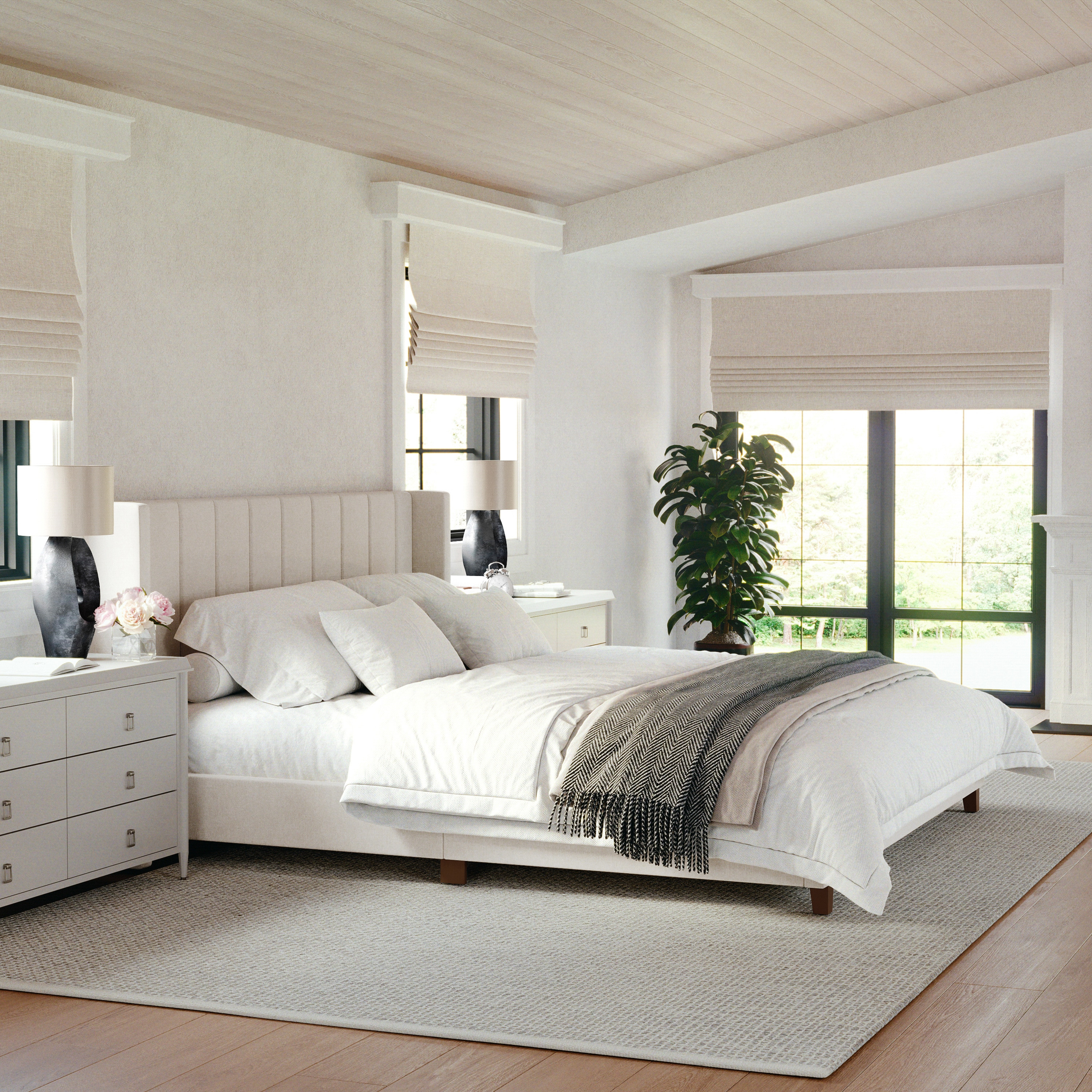 Martha Stewart King Beige Fabric/Walnut Legs Wood Platform Bed with Headboard one_size in Brown | 196861086397 | Lowe's