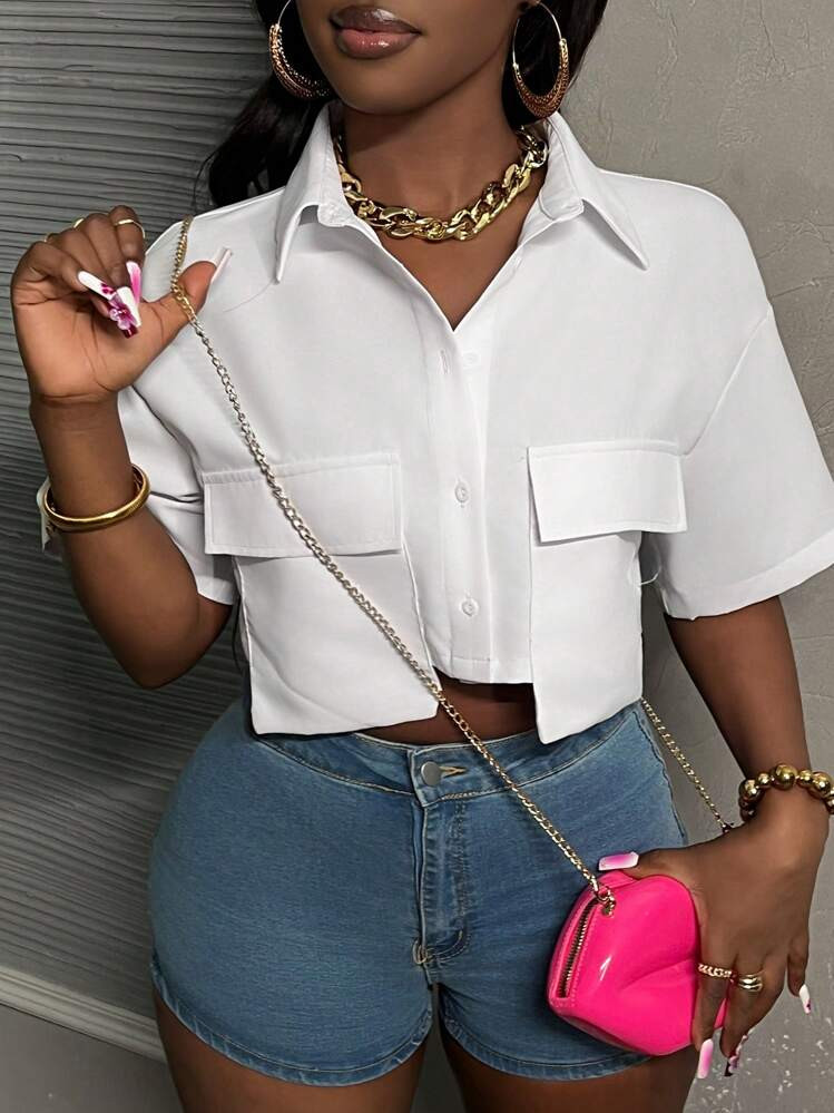 Slaydiva Women Casual Streetwear White Polo Collar Pocket Cropped Top | SHEIN