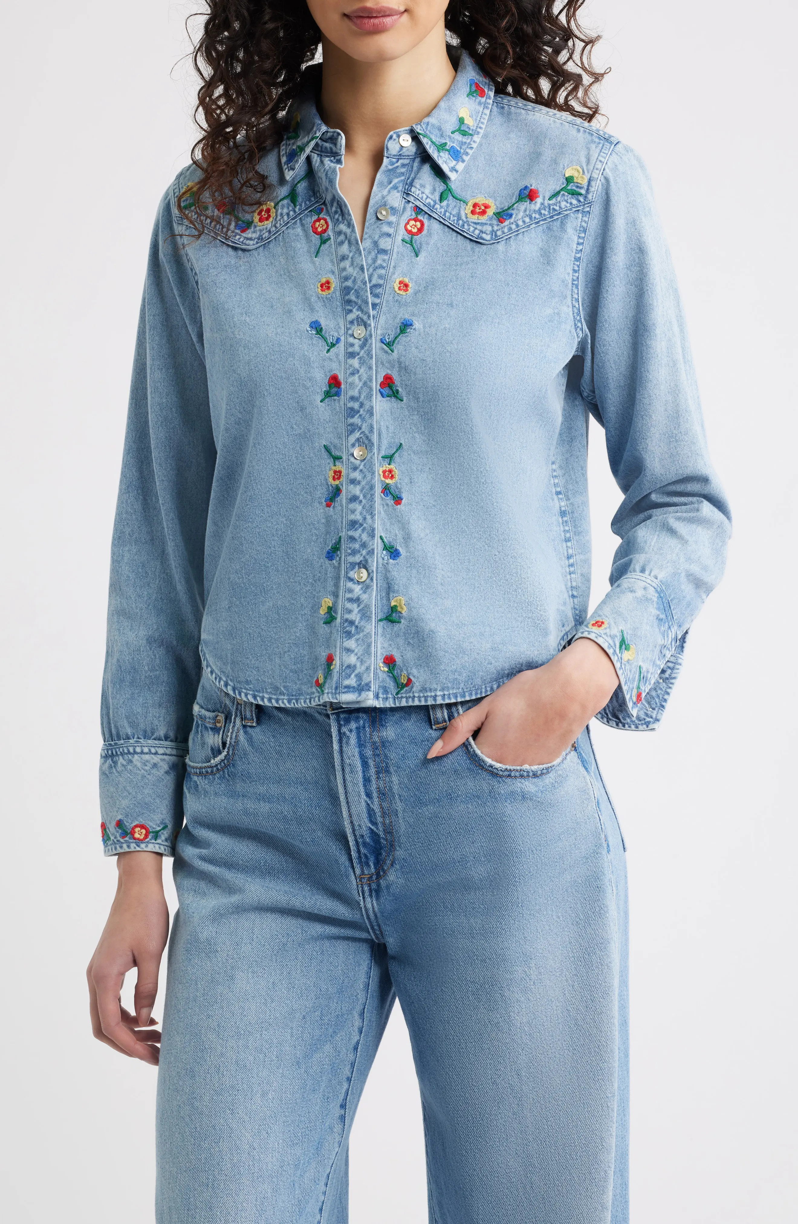 Bari Embroidered Western Chambray Button-Up Shirt (Women) | Nordstrom | Nordstrom