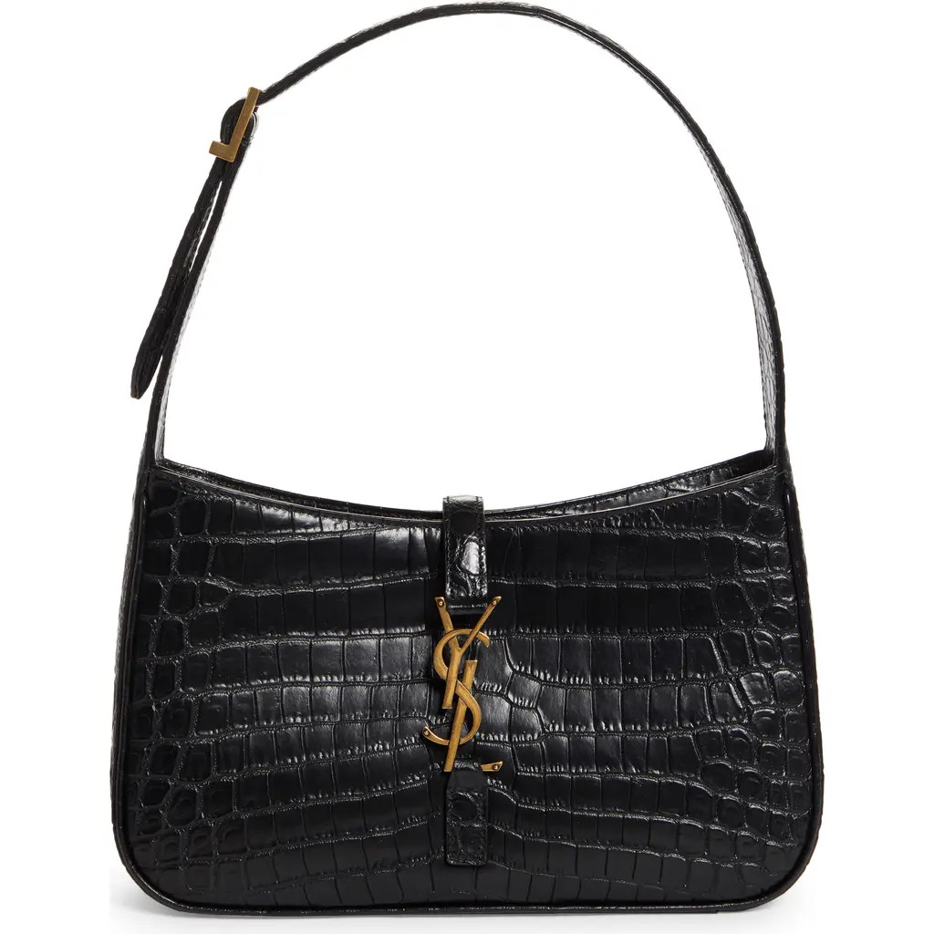 Saint Laurent YSL Croc Embossed Leather Shoulder Bag in Nero/Brick at Nordstrom | Nordstrom